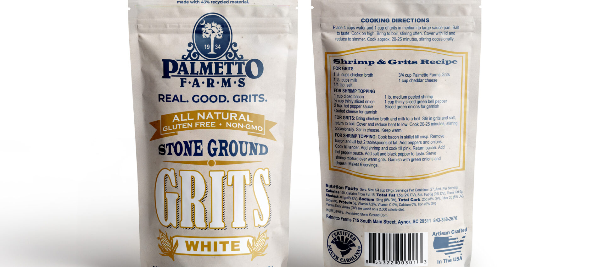 Product shot of Stone Ground White Grits in Resealable PCR Packaging